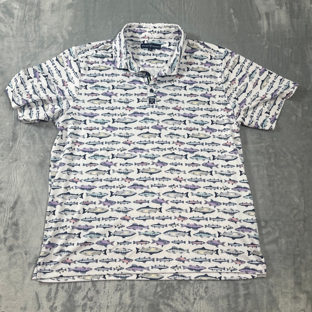 Society of Threads Mens XL Fish Print Performance Polo Shirt White Short Sleeve